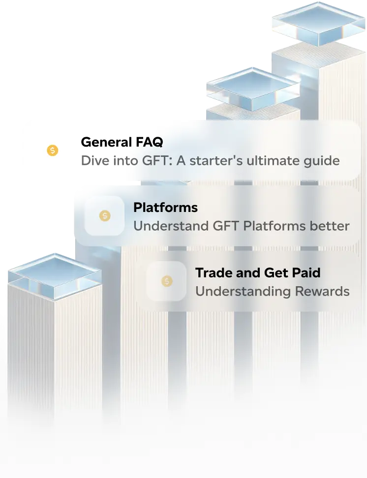 Illustration of three information cards labeled General FAQ, Platforms, and Trade and Get Paid, each with a brief descriptive subtitle, displayed over stylized tall pillars with reflective tops.